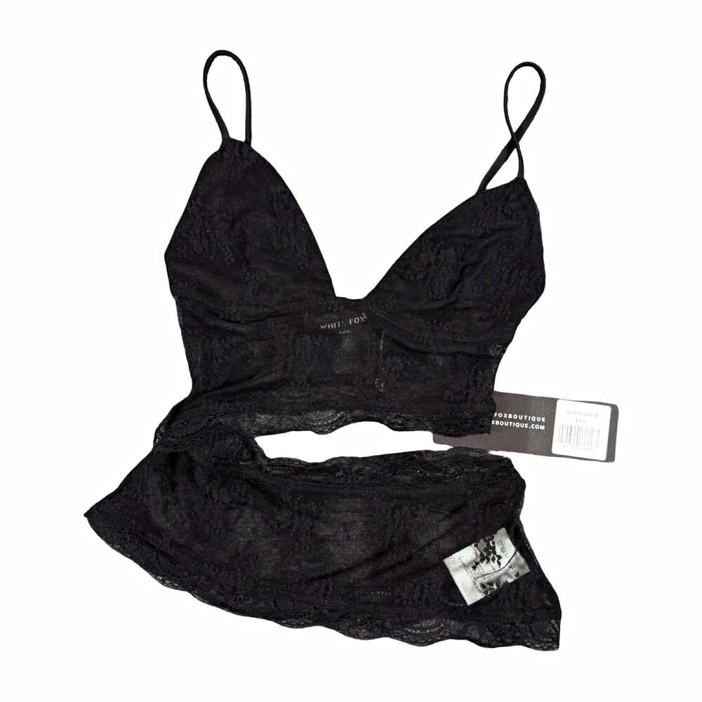 White Fox Black Lace Bralette & Panty Set XXS Wireless Sheer Floral Stretch